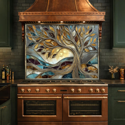 Tree of Life Tempered Glass Kitchen Backsplash, Gold Blue Mosaic Stove Guard