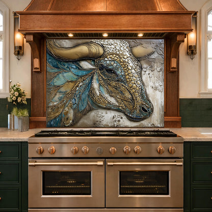 Bull Head Tempered Glass Backsplash, Blue Gold Mosaic Stove Guard
