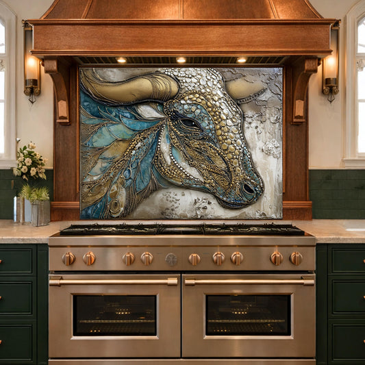 Bull Head Tempered Glass Backsplash, Blue Gold Mosaic Stove Guard