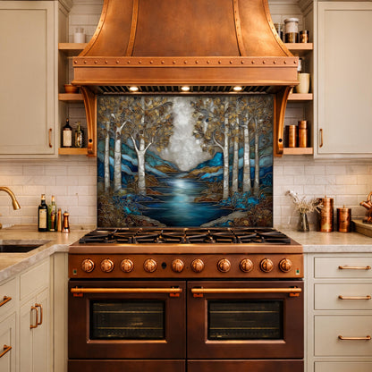 Teal Gold Forest Lake Backsplash Stained Glass Landscape Wall Art Tempered Glass Panel