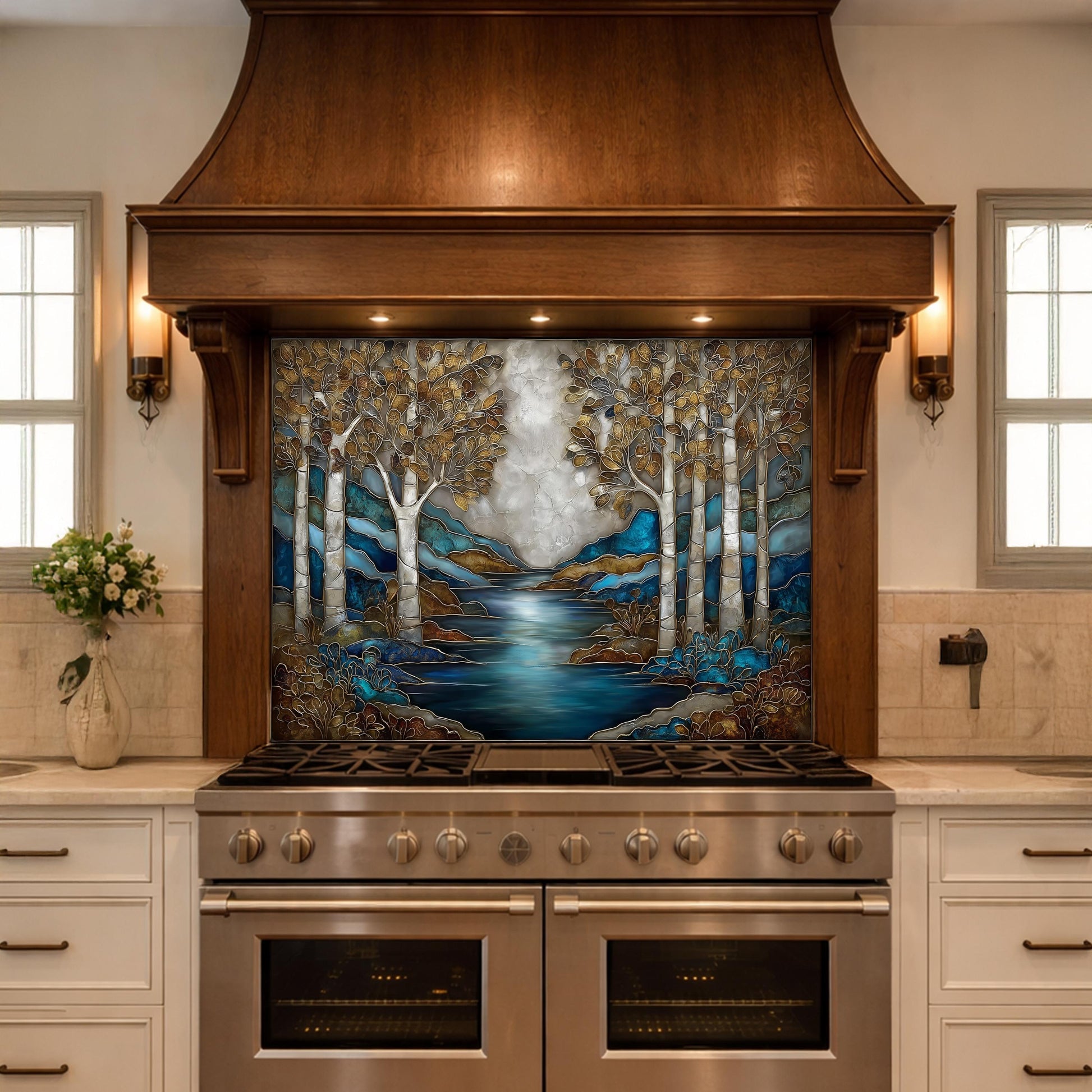 Teal Gold Forest Lake Backsplash Stained Glass Landscape Wall Art Tempered Glass Panel
