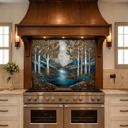 Teal Gold Forest Lake Backsplash Stained Glass Landscape Wall Art Tempered Glass Panel