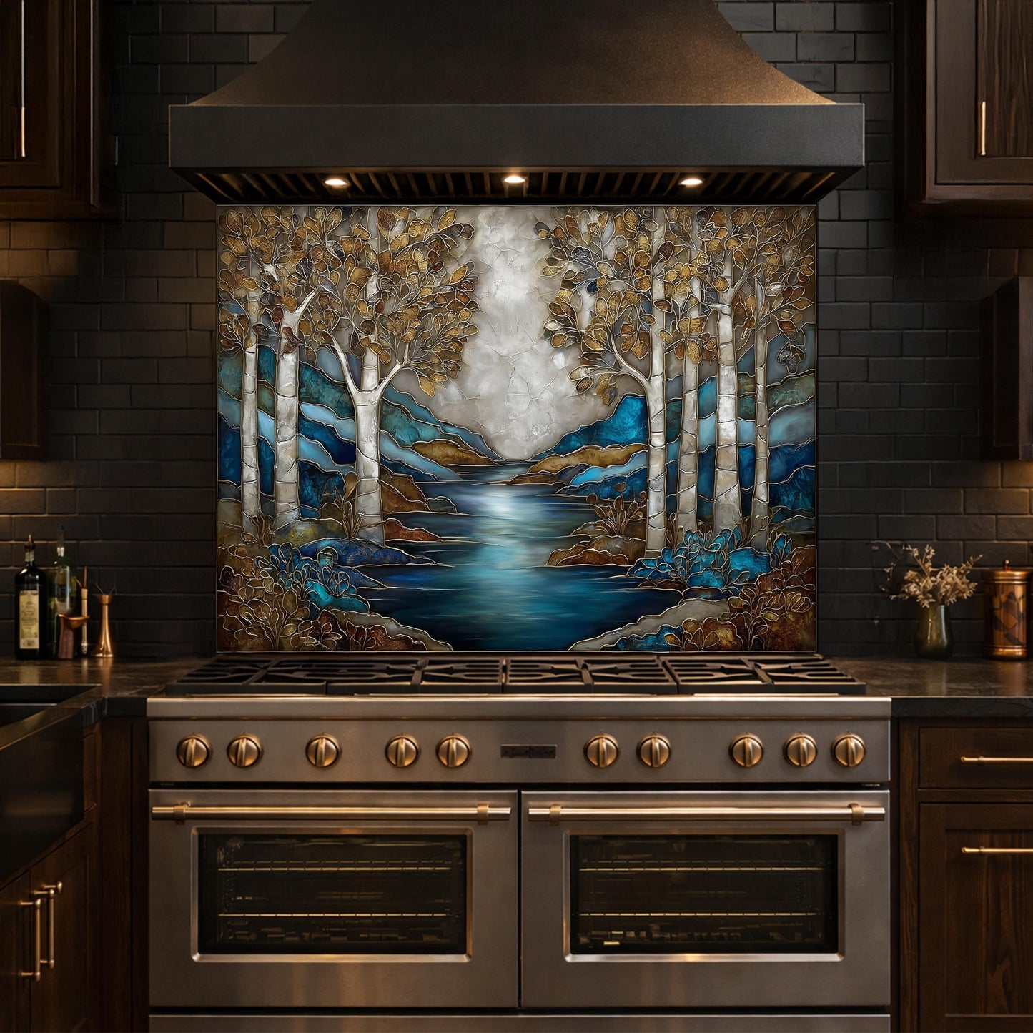 Teal Gold Forest Lake Backsplash Stained Glass Landscape Wall Art Tempered Glass Panel