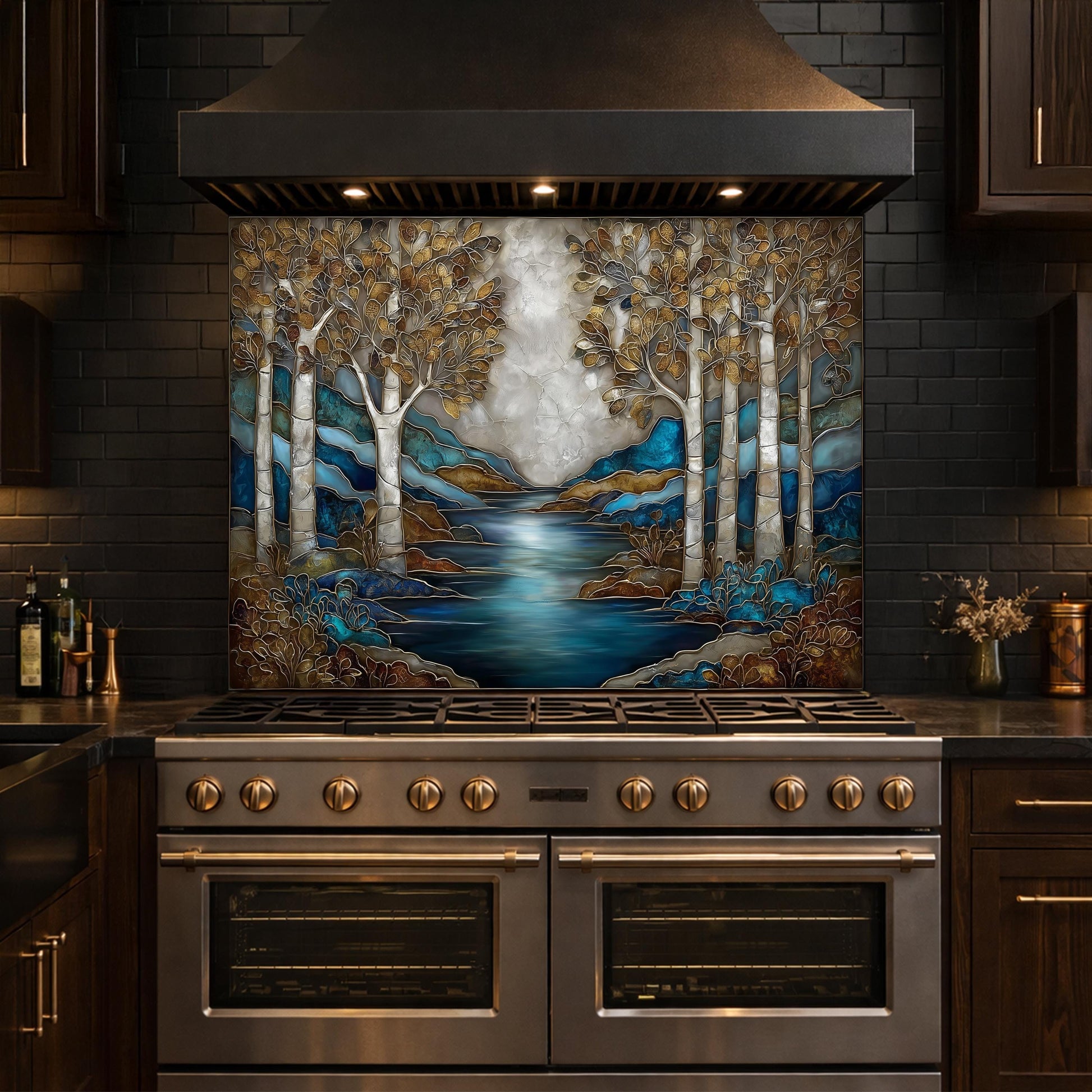 Teal Gold Forest Lake Backsplash Stained Glass Landscape Wall Art Tempered Glass Panel