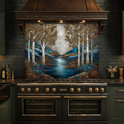 Teal Gold Forest Lake Backsplash Stained Glass Landscape Wall Art Tempered Glass Panel