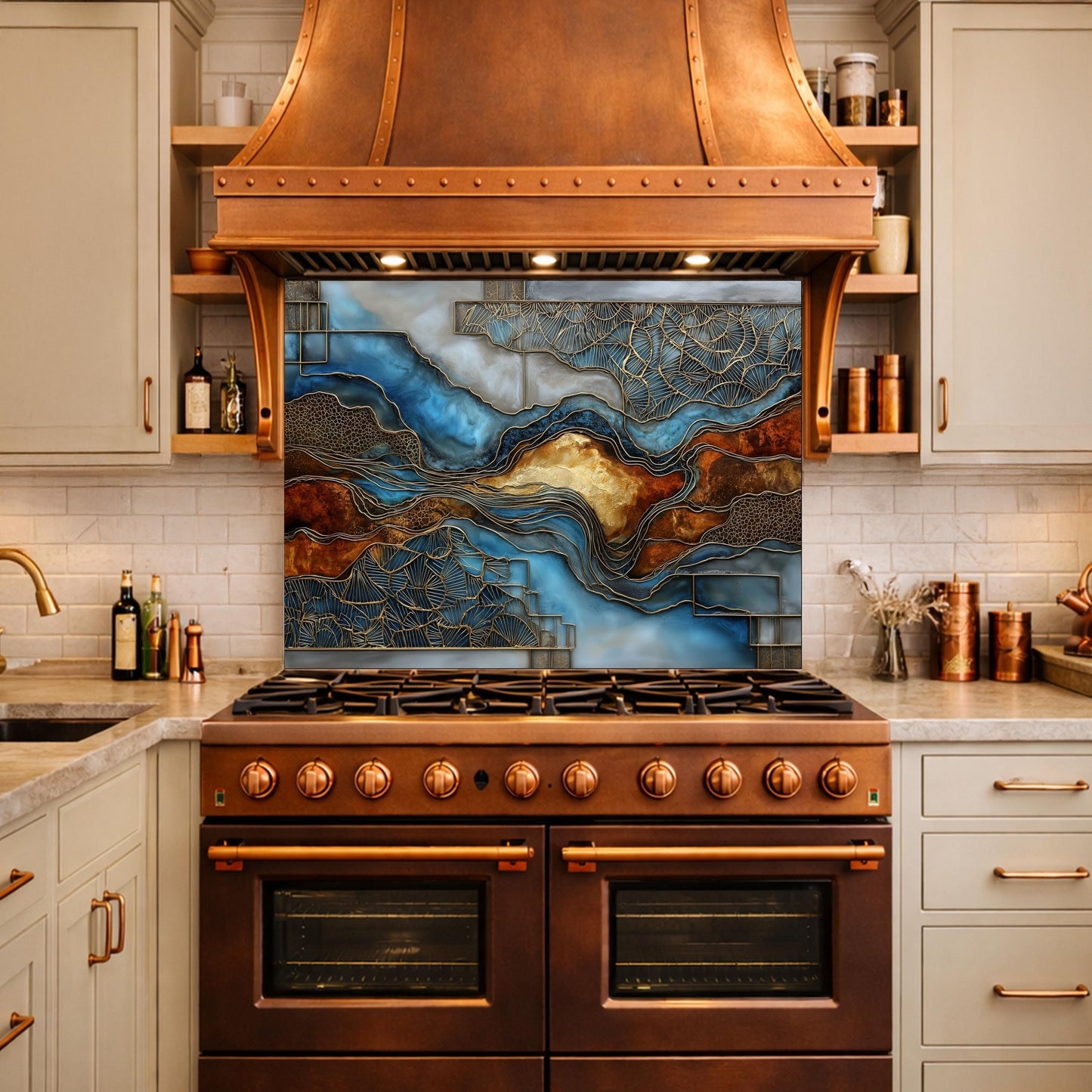 Blue Gold Abstract Marble Backsplash Luxury Geode Wall Art Tempered Glass Kitchen Panel