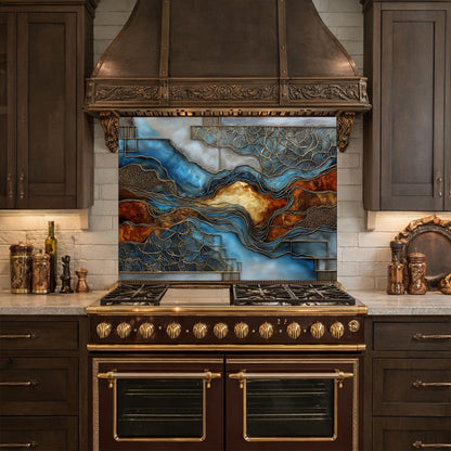 Blue Gold Abstract Marble Backsplash Luxury Geode Wall Art Tempered Glass Kitchen Panel