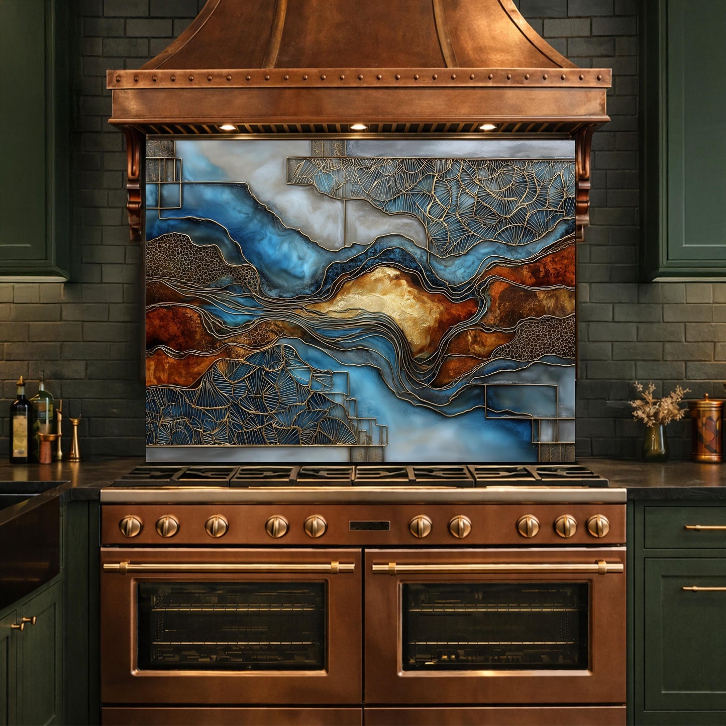 Blue Gold Abstract Marble Backsplash Luxury Geode Wall Art Tempered Glass Kitchen Panel