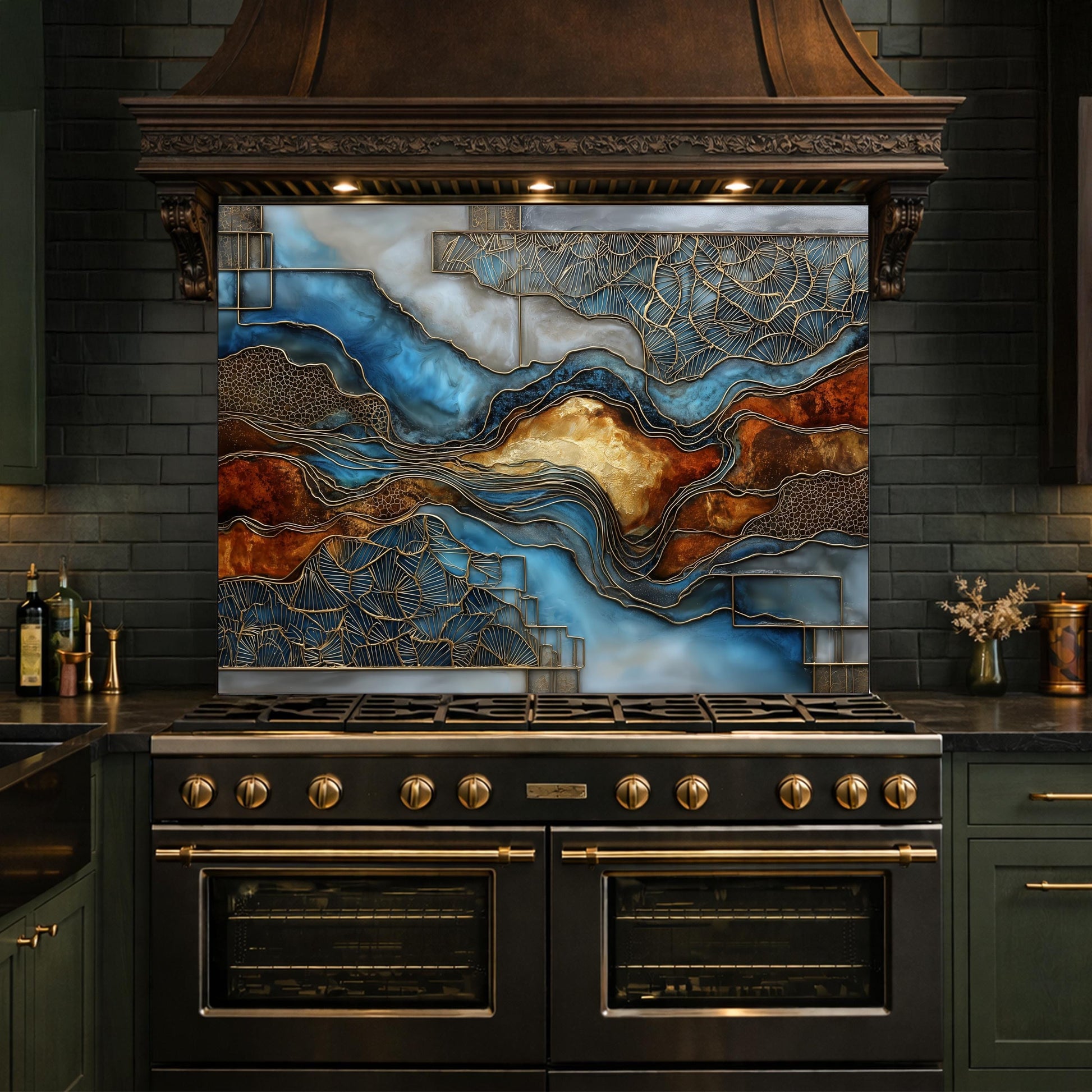Blue Gold Abstract Marble Backsplash Luxury Geode Wall Art Tempered Glass Kitchen Panel