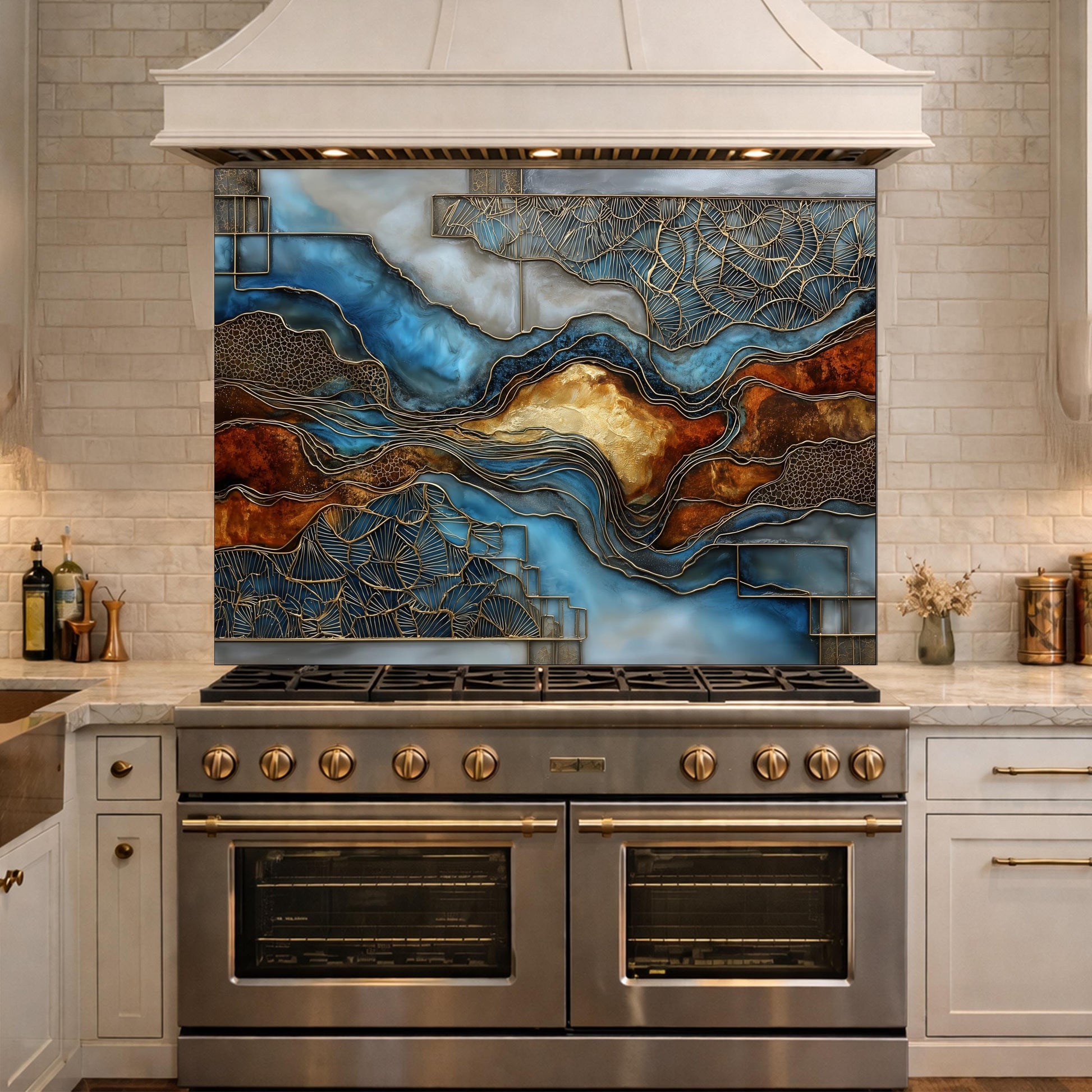 Blue Gold Abstract Marble Backsplash Luxury Geode Wall Art Tempered Glass Kitchen Panel