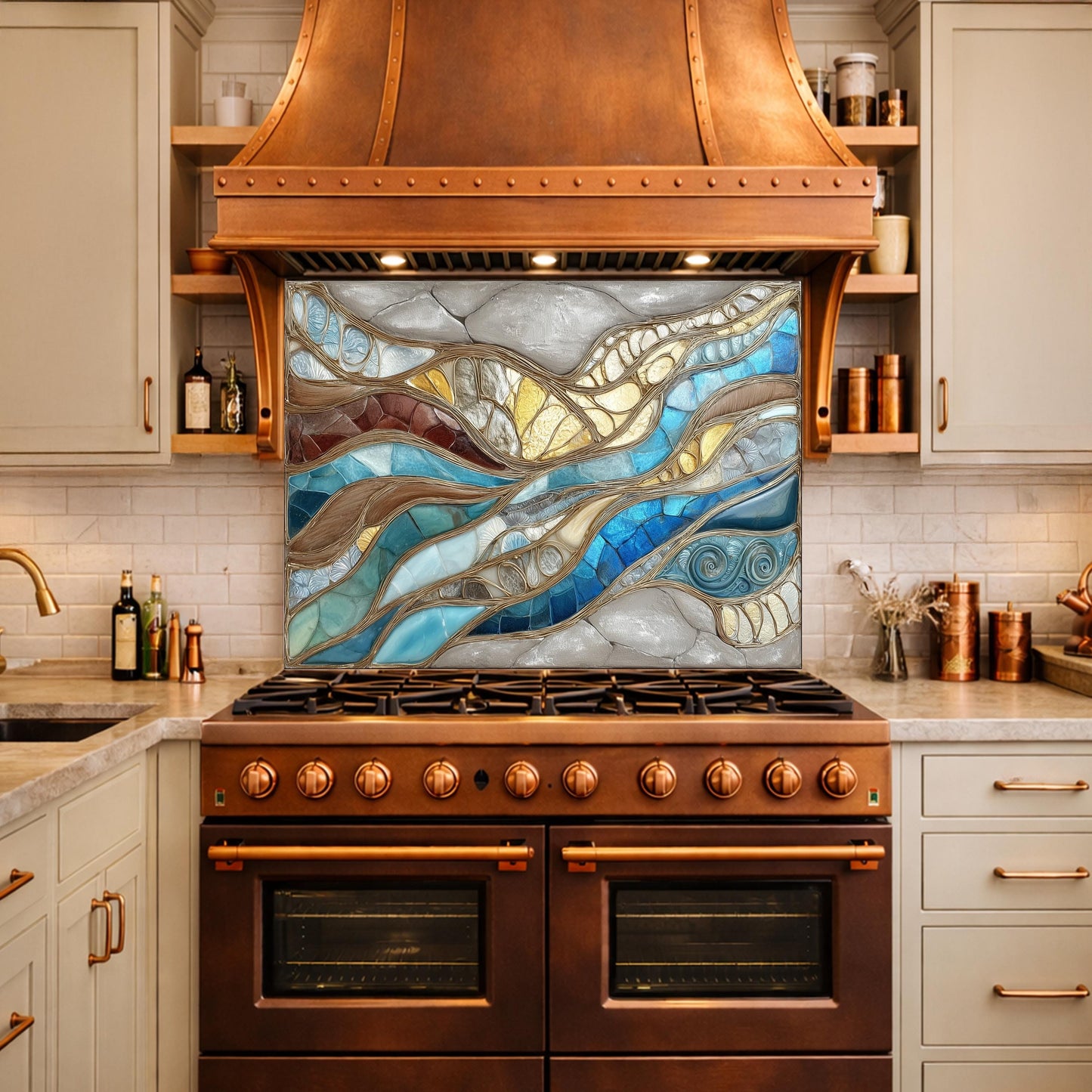 Blue Gold Abstract Mosaic Backsplash Organic Marble Glass Kitchen Wall Panel