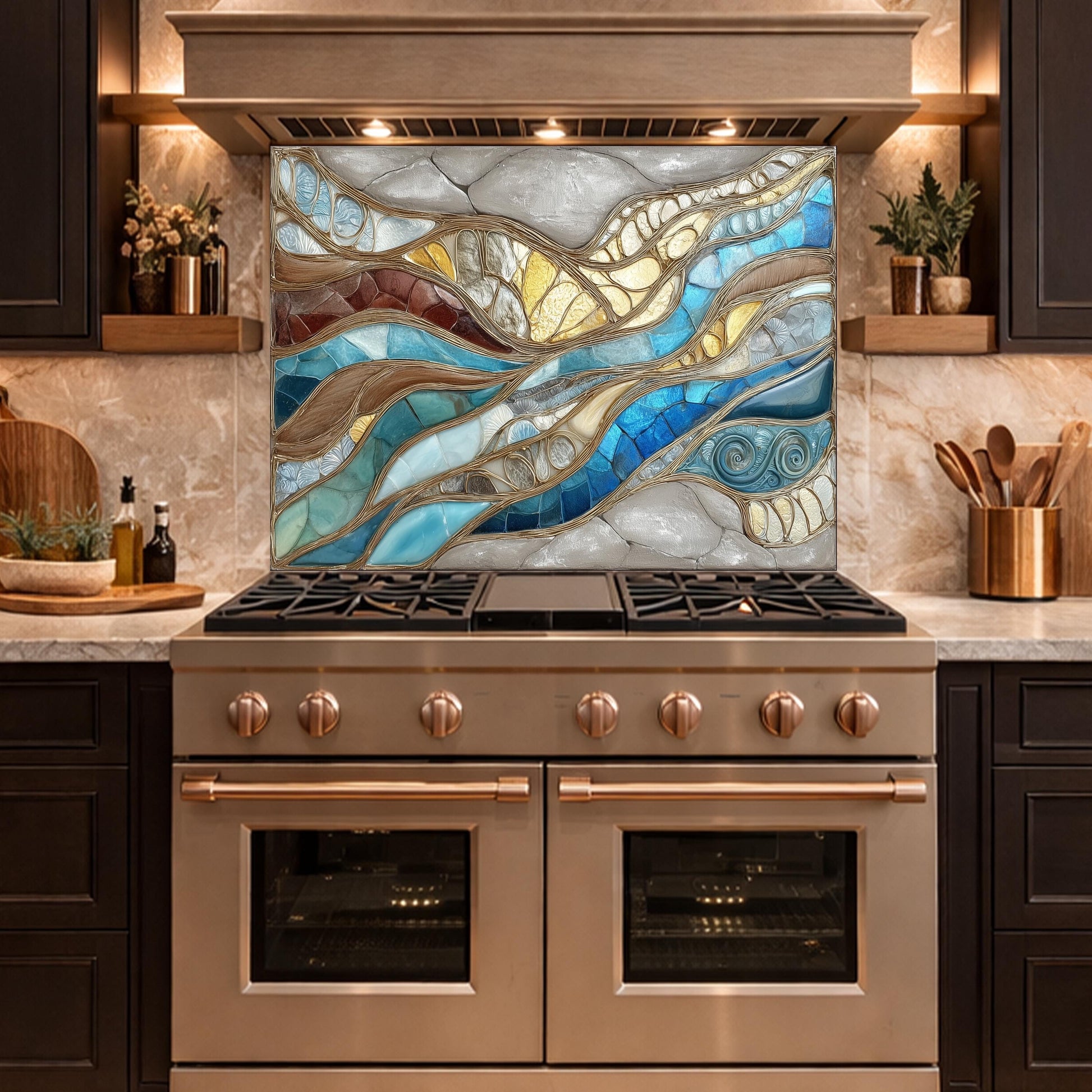 Blue Gold Abstract Mosaic Backsplash Organic Marble Glass Kitchen Wall Panel