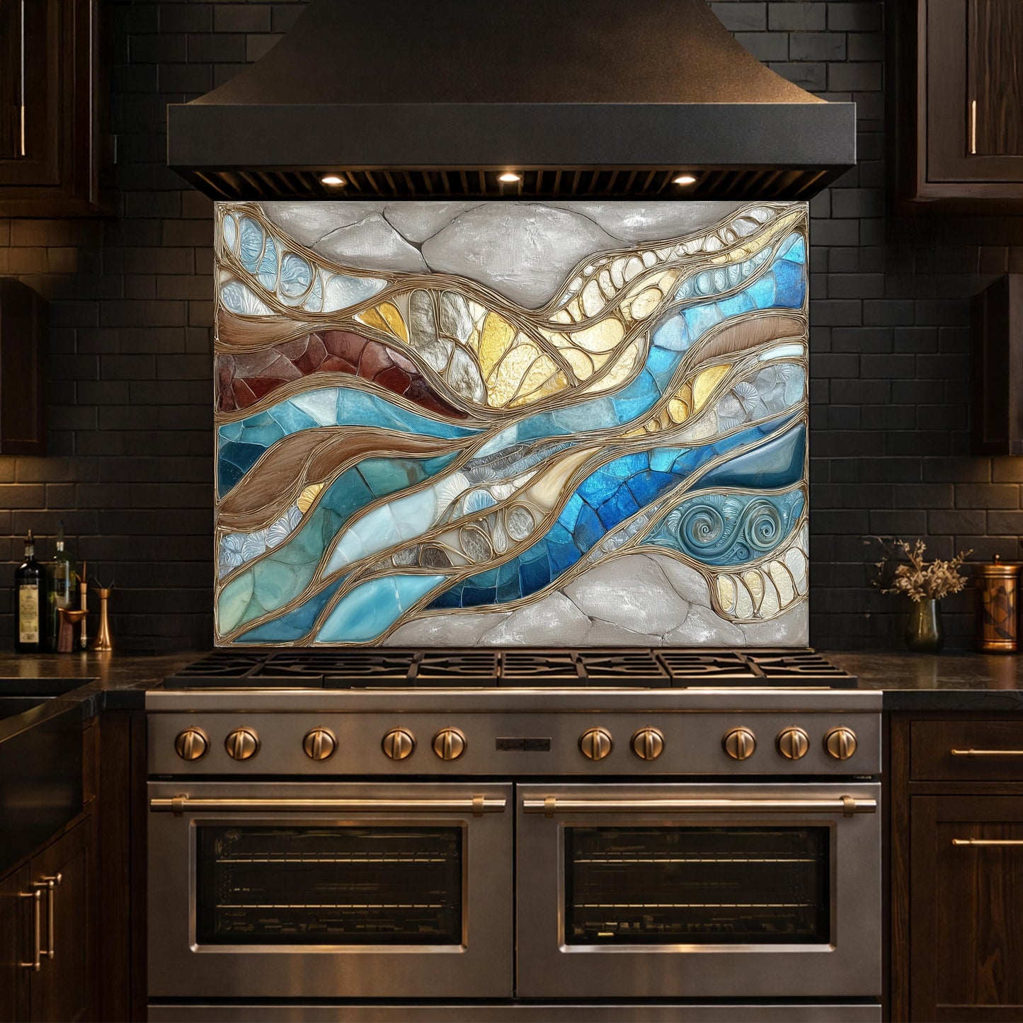 Blue Gold Abstract Mosaic Backsplash Organic Marble Glass Kitchen Wall Panel