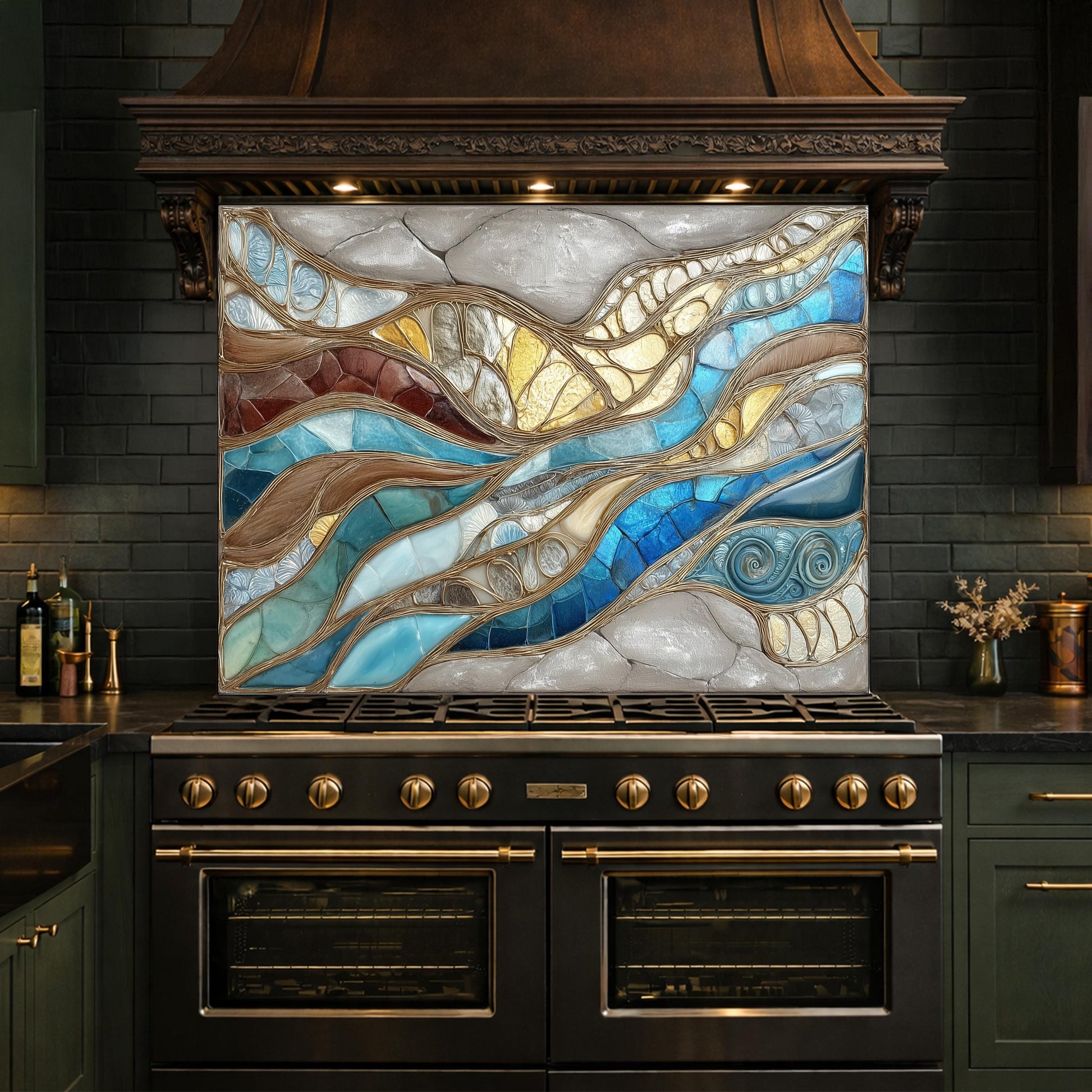 Blue Gold Abstract Mosaic Backsplash Organic Marble Glass Kitchen Wall Panel