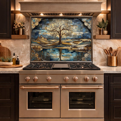 Tree of Life Glass Backsplash Mosaic Landscape Blue Gold Kitchen Wall Art