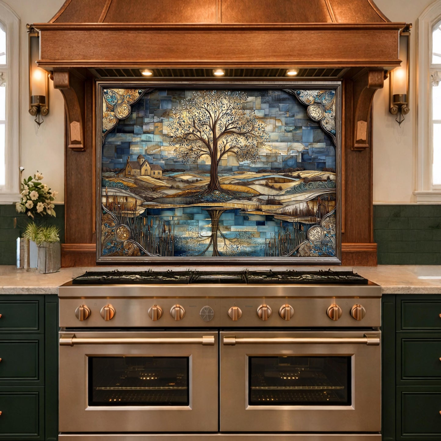 Tree of Life Glass Backsplash Mosaic Landscape Blue Gold Kitchen Wall Art