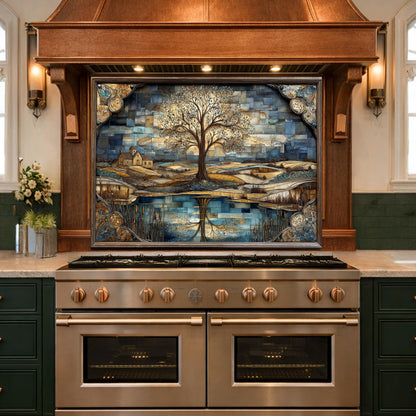Tree of Life Glass Backsplash Mosaic Landscape Blue Gold Kitchen Wall Art