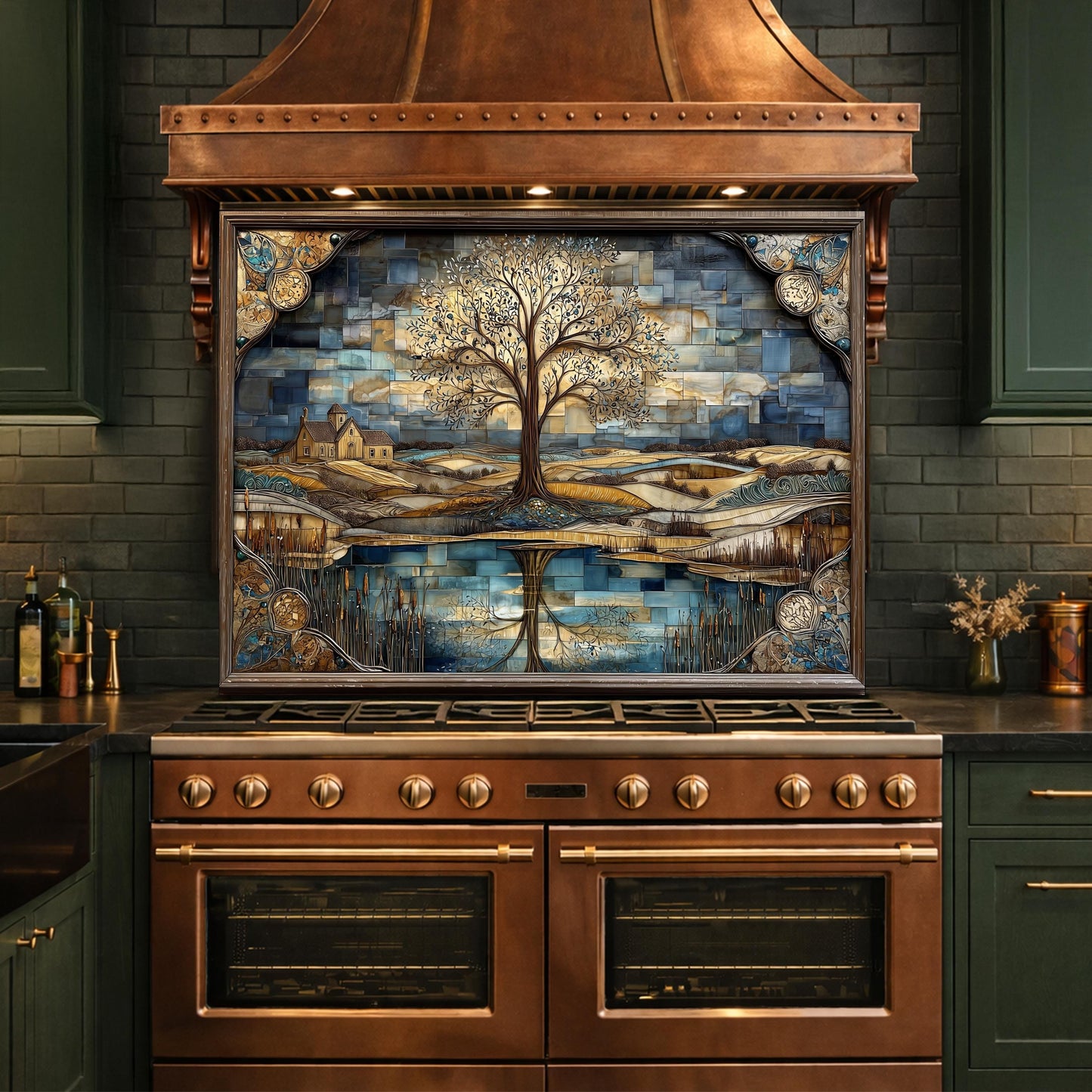Tree of Life Glass Backsplash Mosaic Landscape Blue Gold Kitchen Wall Art