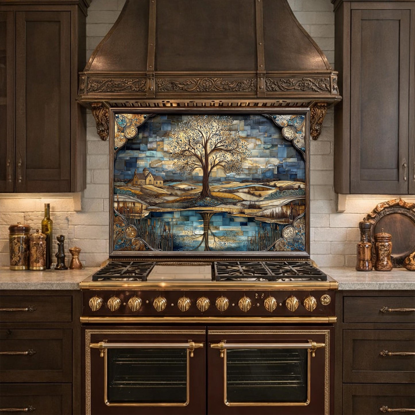 Tree of Life Glass Backsplash Mosaic Landscape Blue Gold Kitchen Wall Art
