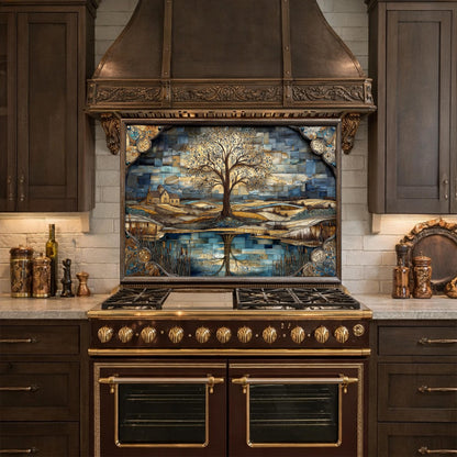 Tree of Life Glass Backsplash Mosaic Landscape Blue Gold Kitchen Wall Art