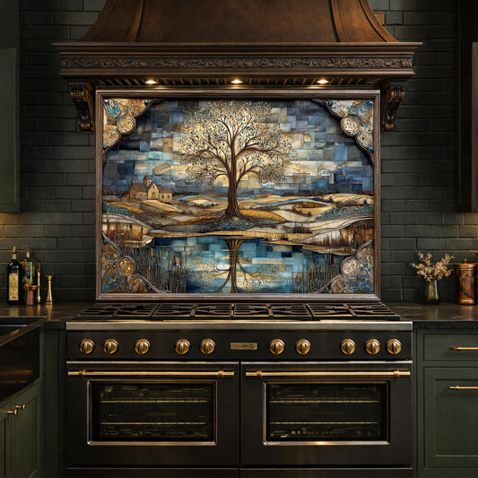 Tree of Life Glass Backsplash Mosaic Landscape Blue Gold Kitchen Wall Art