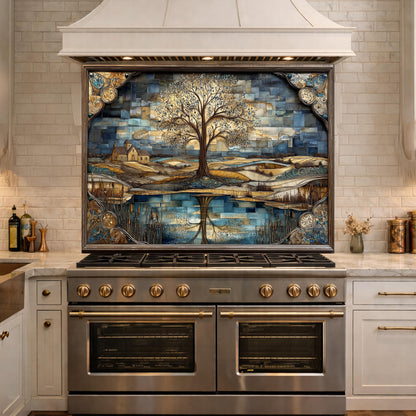 Tree of Life Glass Backsplash Mosaic Landscape Blue Gold Kitchen Wall Art