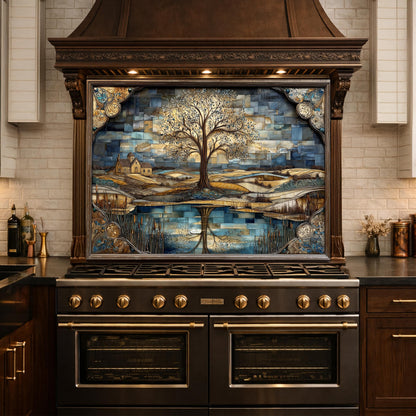 Tree of Life Glass Backsplash Mosaic Landscape Blue Gold Kitchen Wall Art