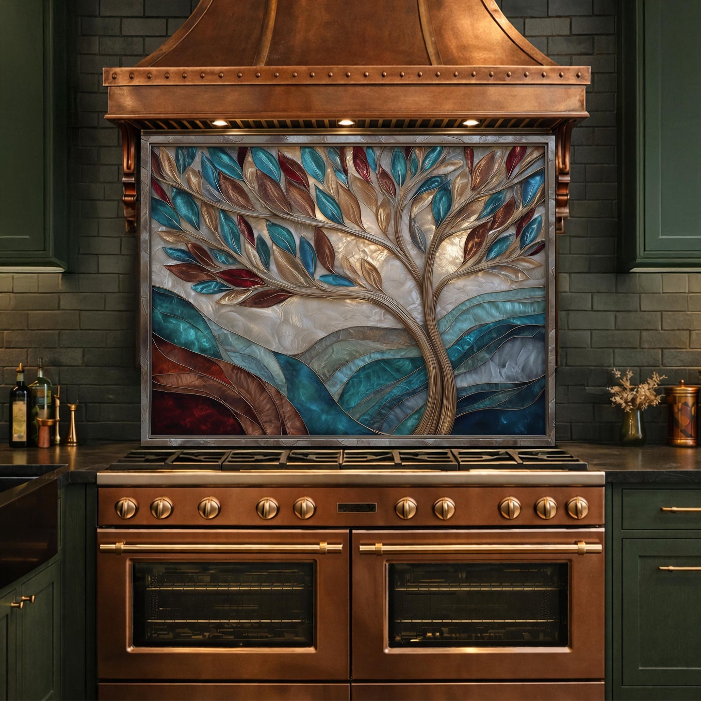 Tree of Life Glass Backsplash Teal Copper Abstract Kitchen Wall Decor