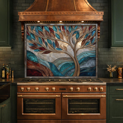 Tree of Life Glass Backsplash Teal Copper Abstract Kitchen Wall Decor