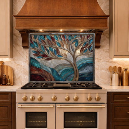 Tree of Life Glass Backsplash Teal Copper Abstract Kitchen Wall Decor