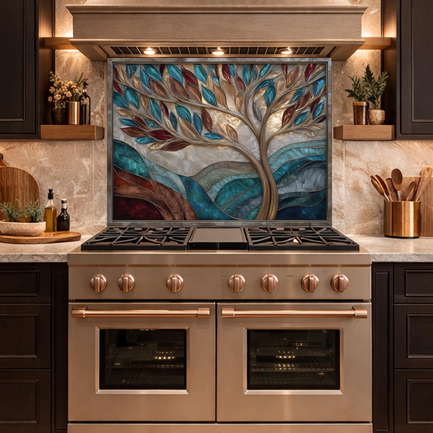 Tree of Life Glass Backsplash Teal Copper Abstract Kitchen Wall Decor