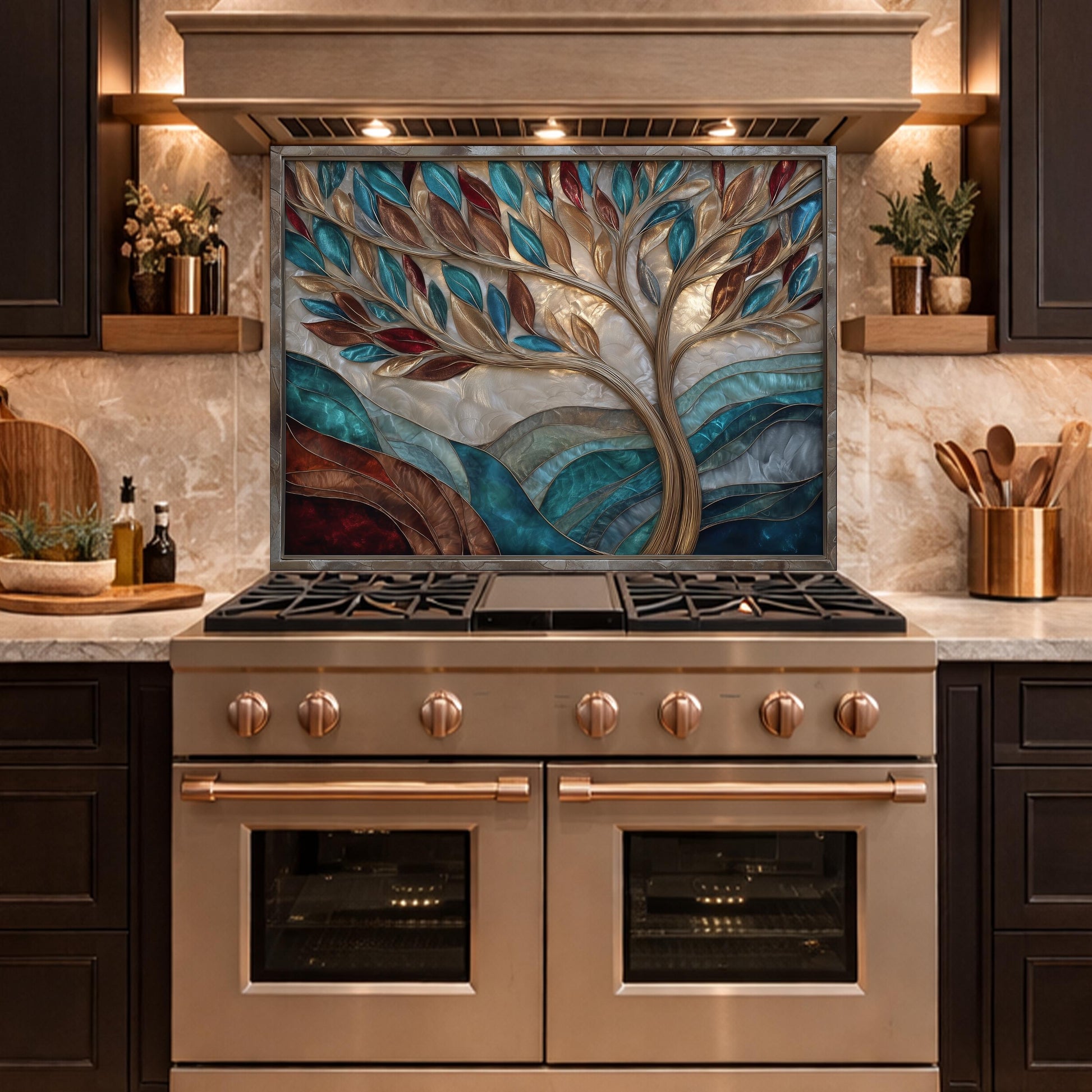 Tree of Life Glass Backsplash Teal Copper Abstract Kitchen Wall Decor