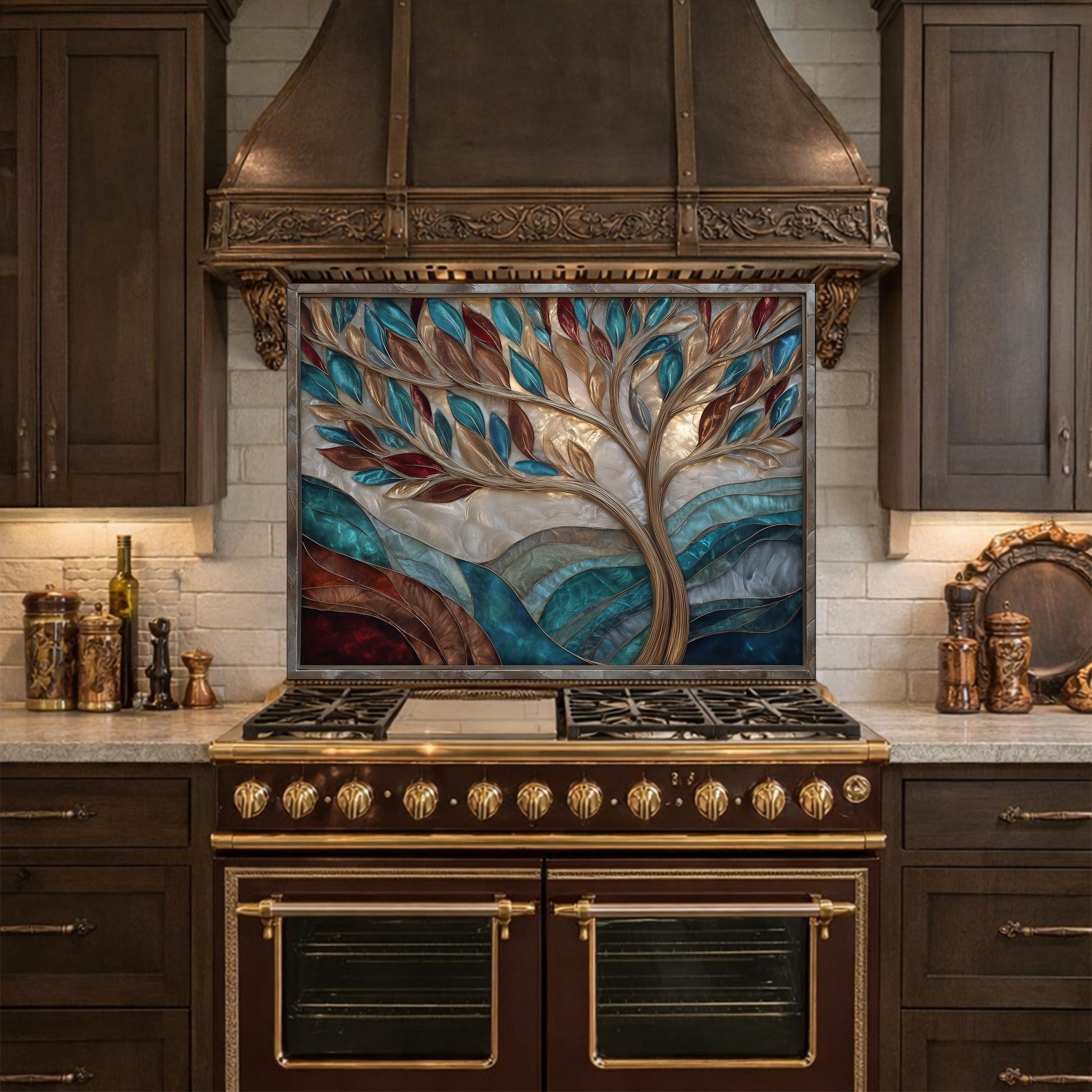 Tree of Life Glass Backsplash Teal Copper Abstract Kitchen Wall Decor