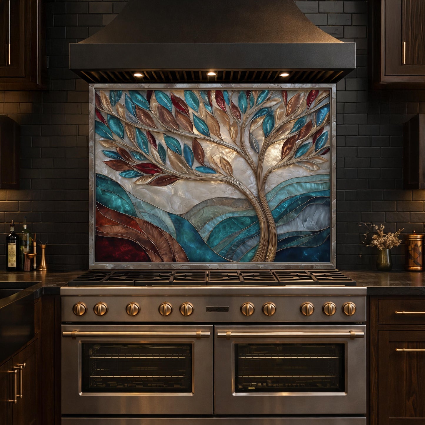 Tree of Life Glass Backsplash Teal Copper Abstract Kitchen Wall Decor