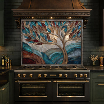 Tree of Life Glass Backsplash Teal Copper Abstract Kitchen Wall Decor