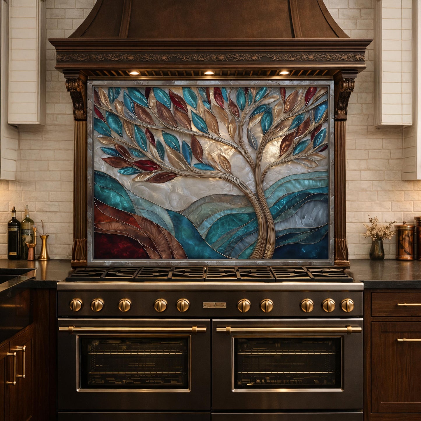 Tree of Life Glass Backsplash Teal Copper Abstract Kitchen Wall Decor