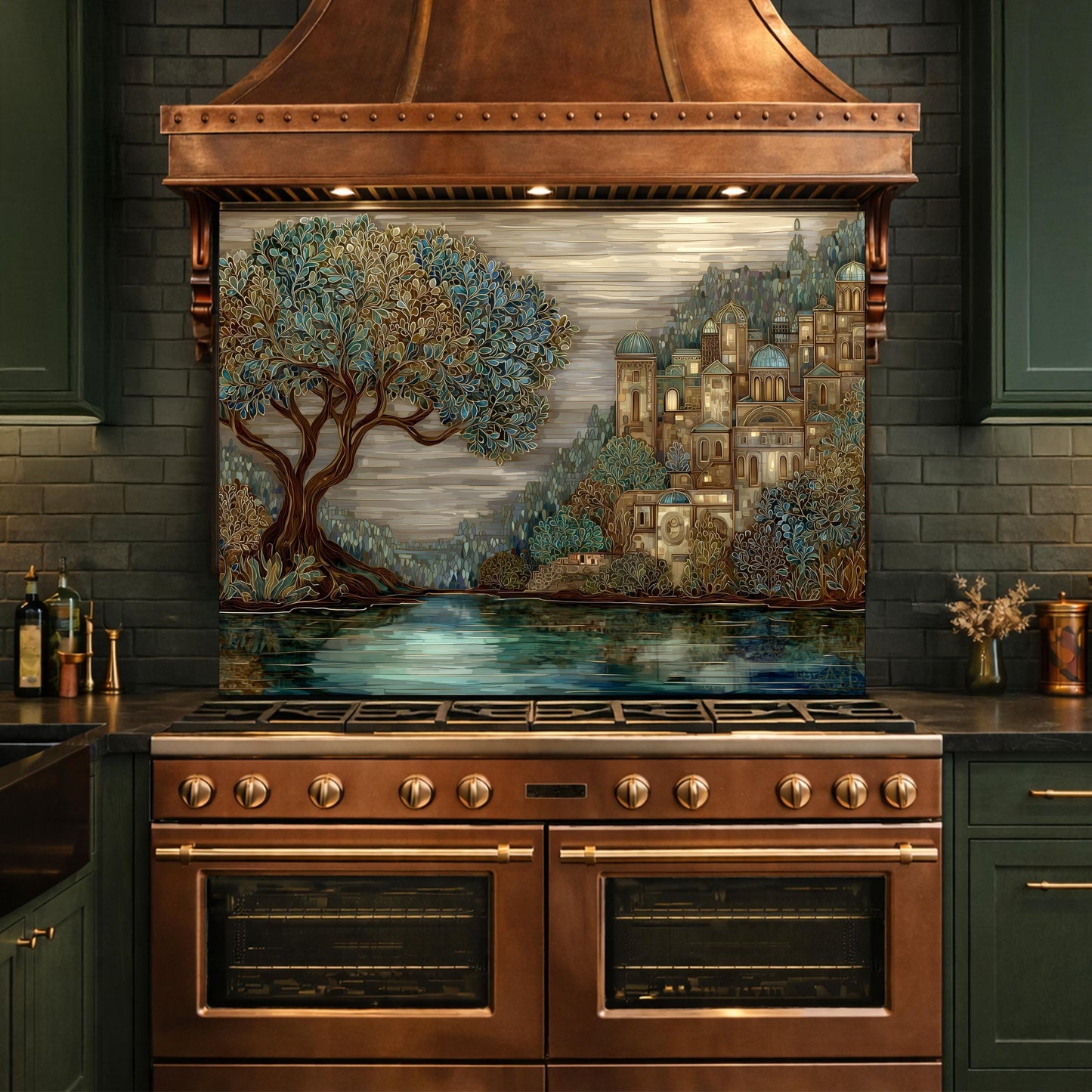Tree Landscape Glass Backsplash European City Blue Gold Kitchen Wall Art