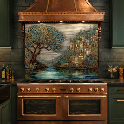 Tree Landscape Glass Backsplash European City Blue Gold Kitchen Wall Art