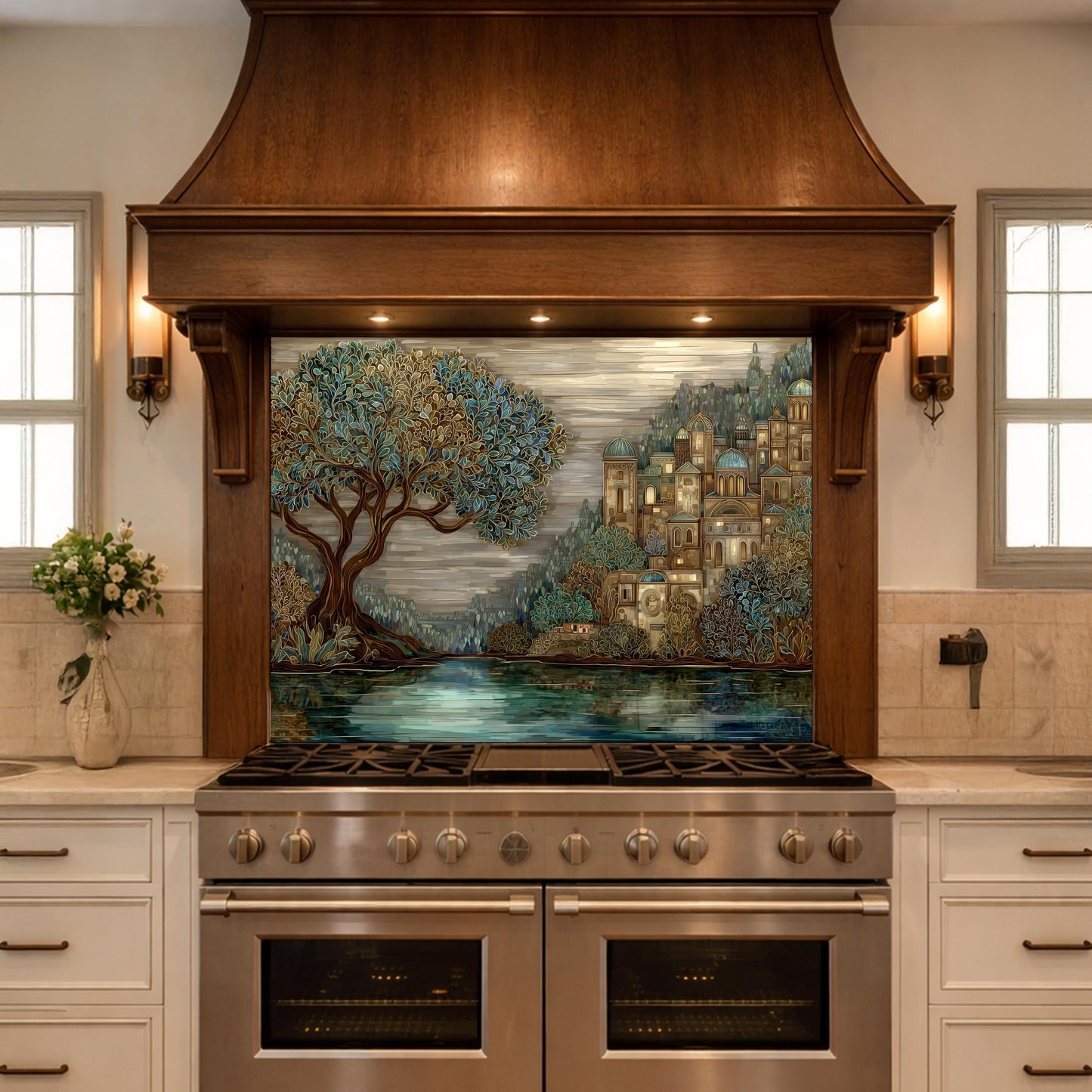 Tree Landscape Glass Backsplash European City Blue Gold Kitchen Wall Art