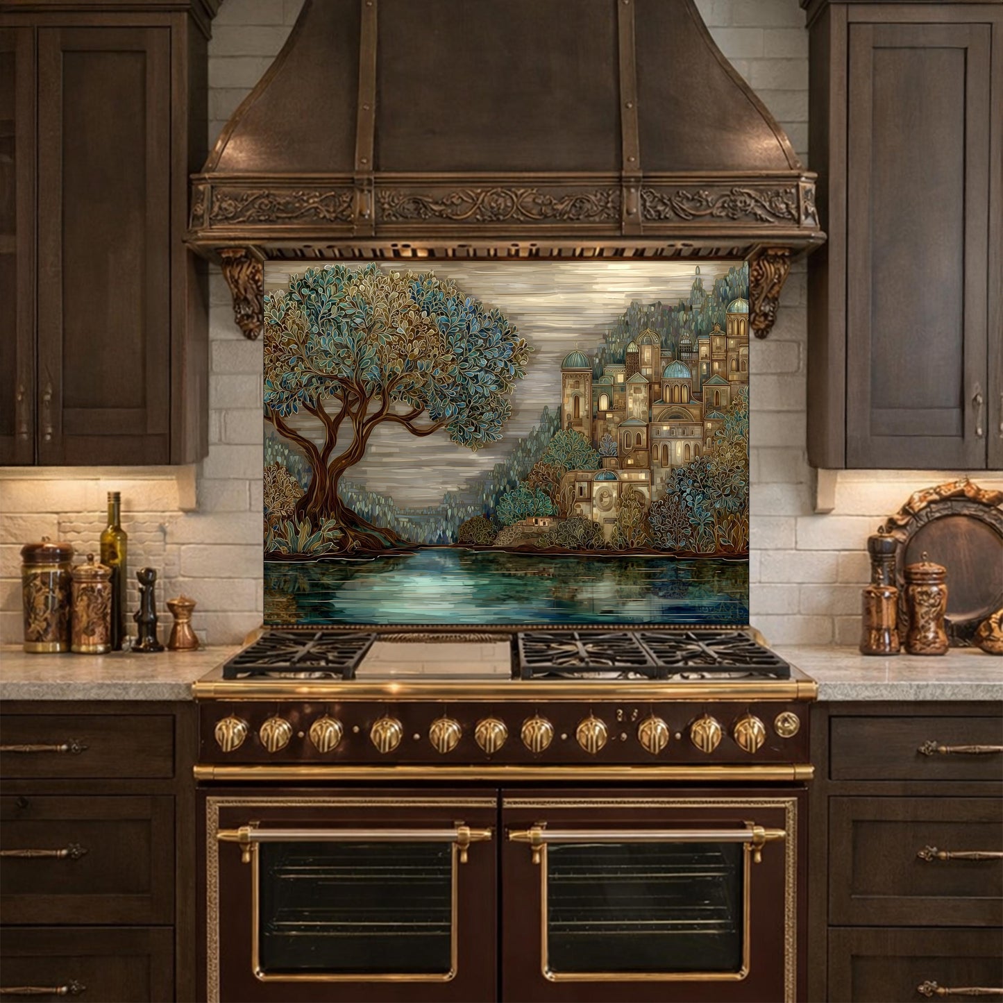 Tree Landscape Glass Backsplash European City Blue Gold Kitchen Wall Art