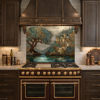 Tree Landscape Glass Backsplash European City Blue Gold Kitchen Wall Art