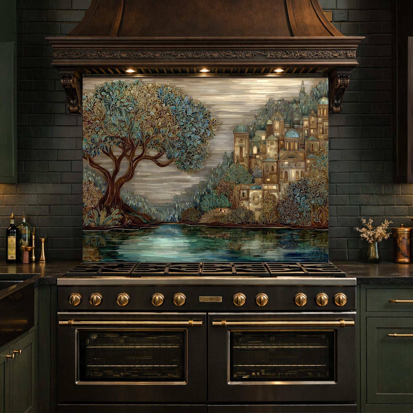 Tree Landscape Glass Backsplash European City Blue Gold Kitchen Wall Art