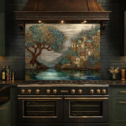 Tree Landscape Glass Backsplash European City Blue Gold Kitchen Wall Art