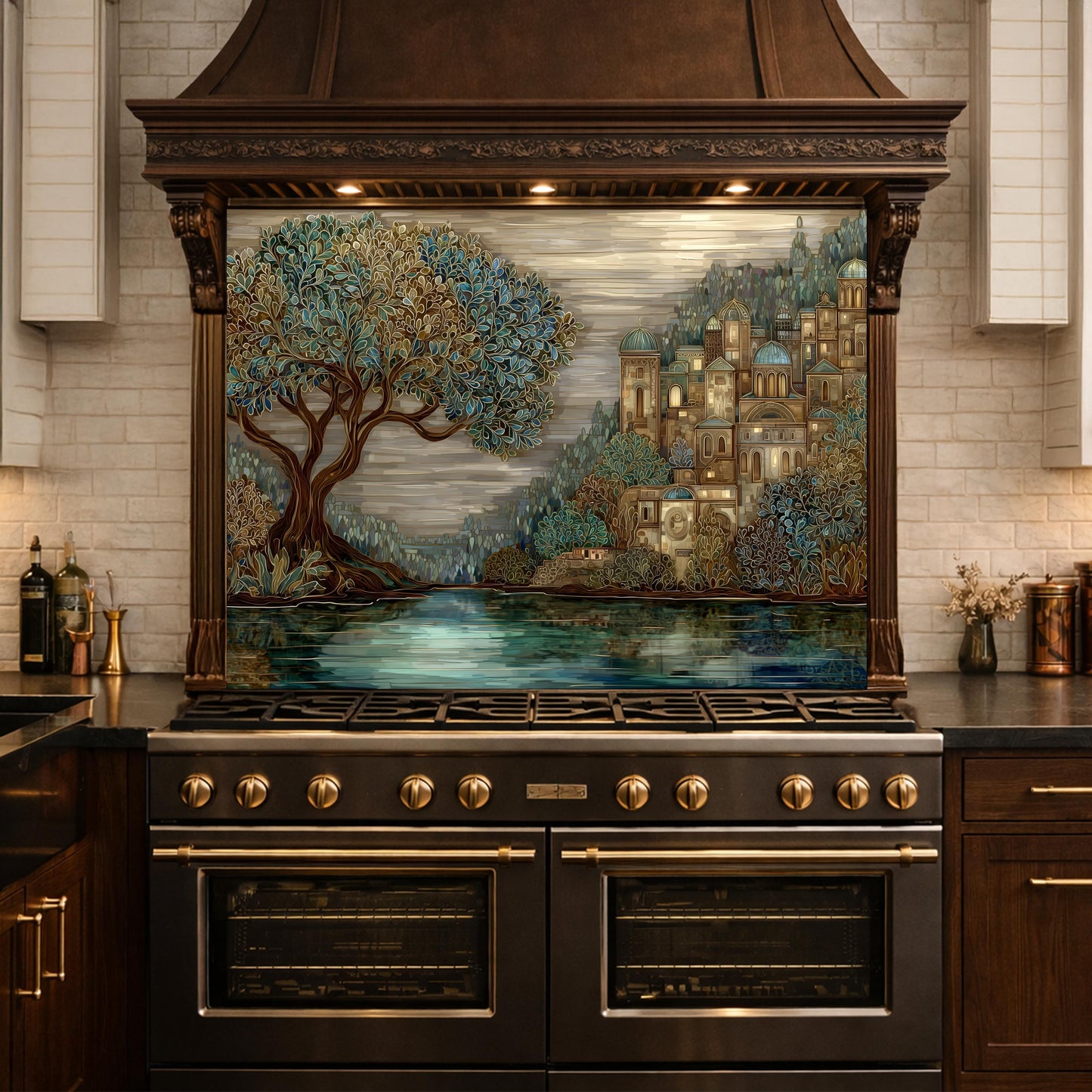 Tree Landscape Glass Backsplash European City Blue Gold Kitchen Wall Art