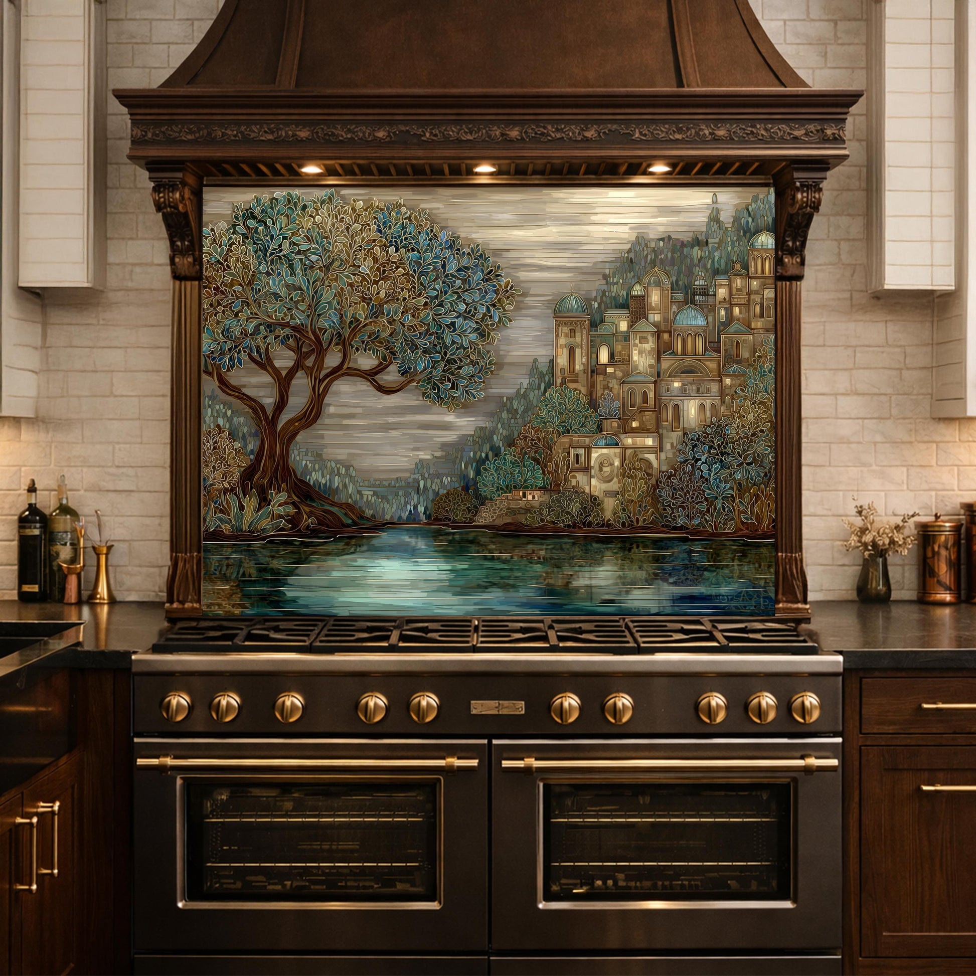 Tree Landscape Glass Backsplash European City Blue Gold Kitchen Wall Art
