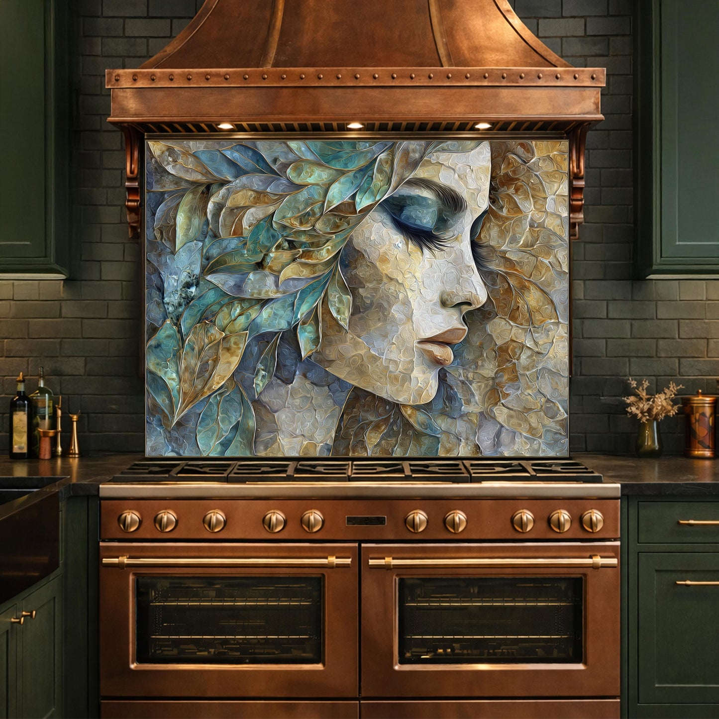 Abstract Woman Face Glass Backsplash Teal Gold Artistic Kitchen Wall Decor