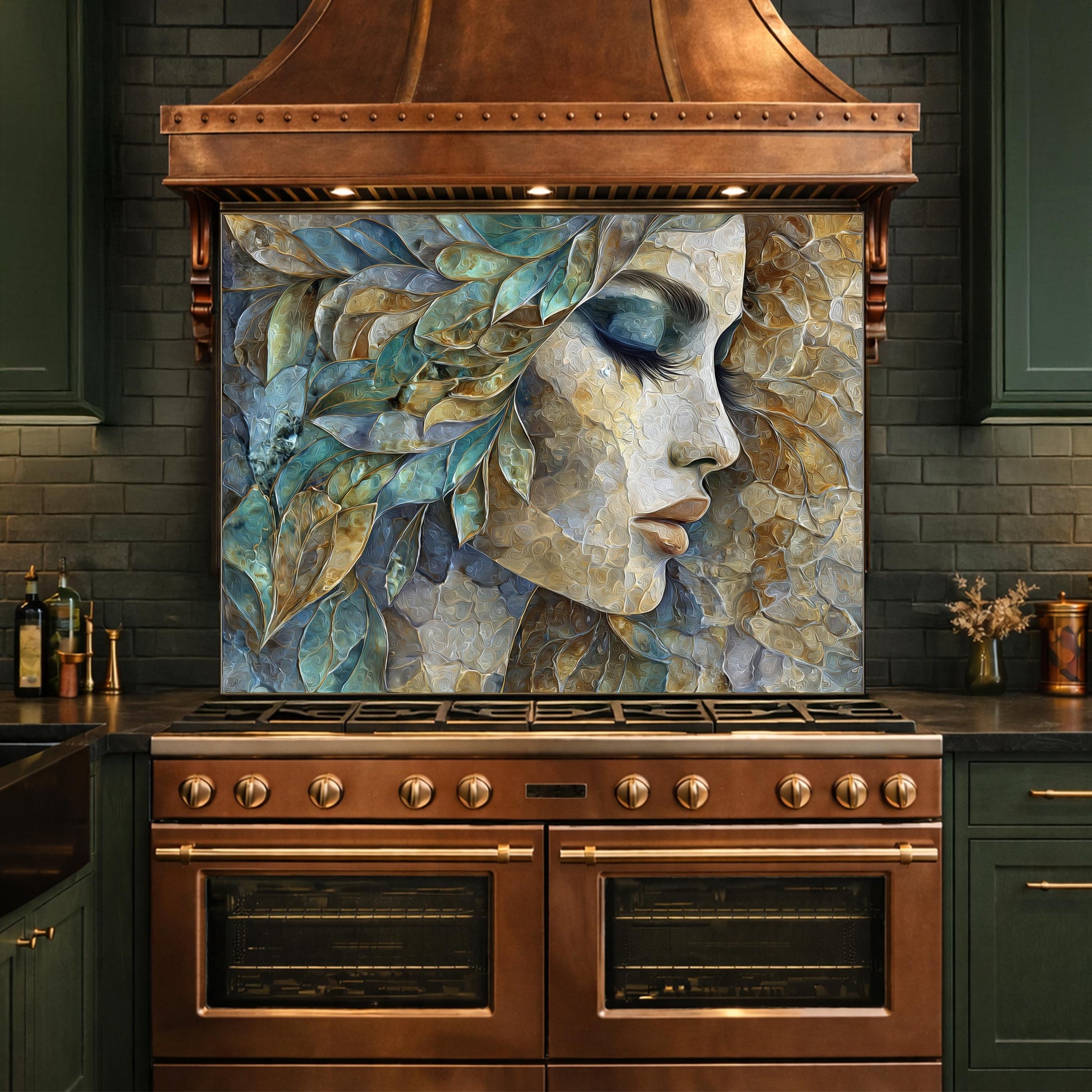 Abstract Woman Face Glass Backsplash Teal Gold Artistic Kitchen Wall Decor