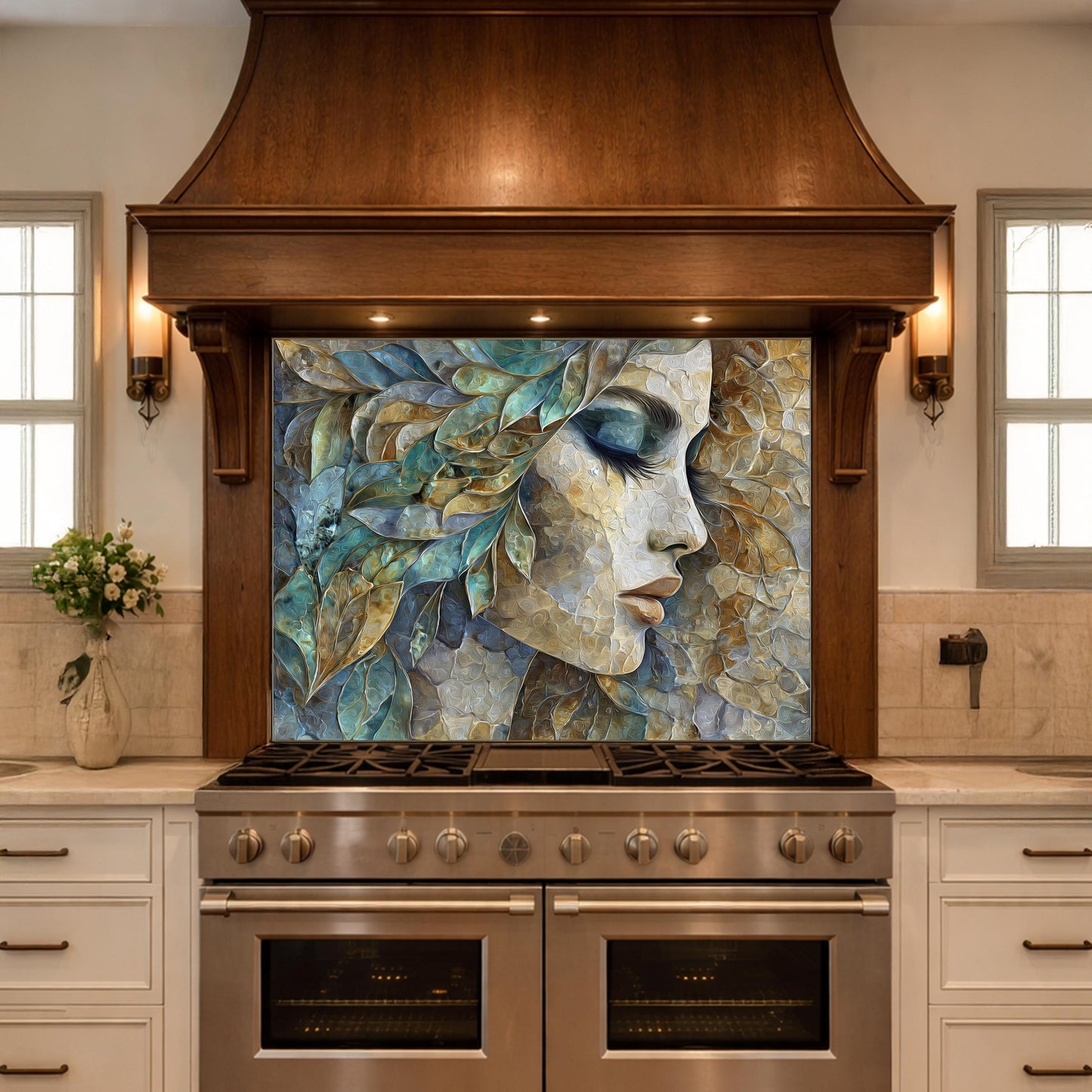 Abstract Woman Face Glass Backsplash Teal Gold Artistic Kitchen Wall Decor