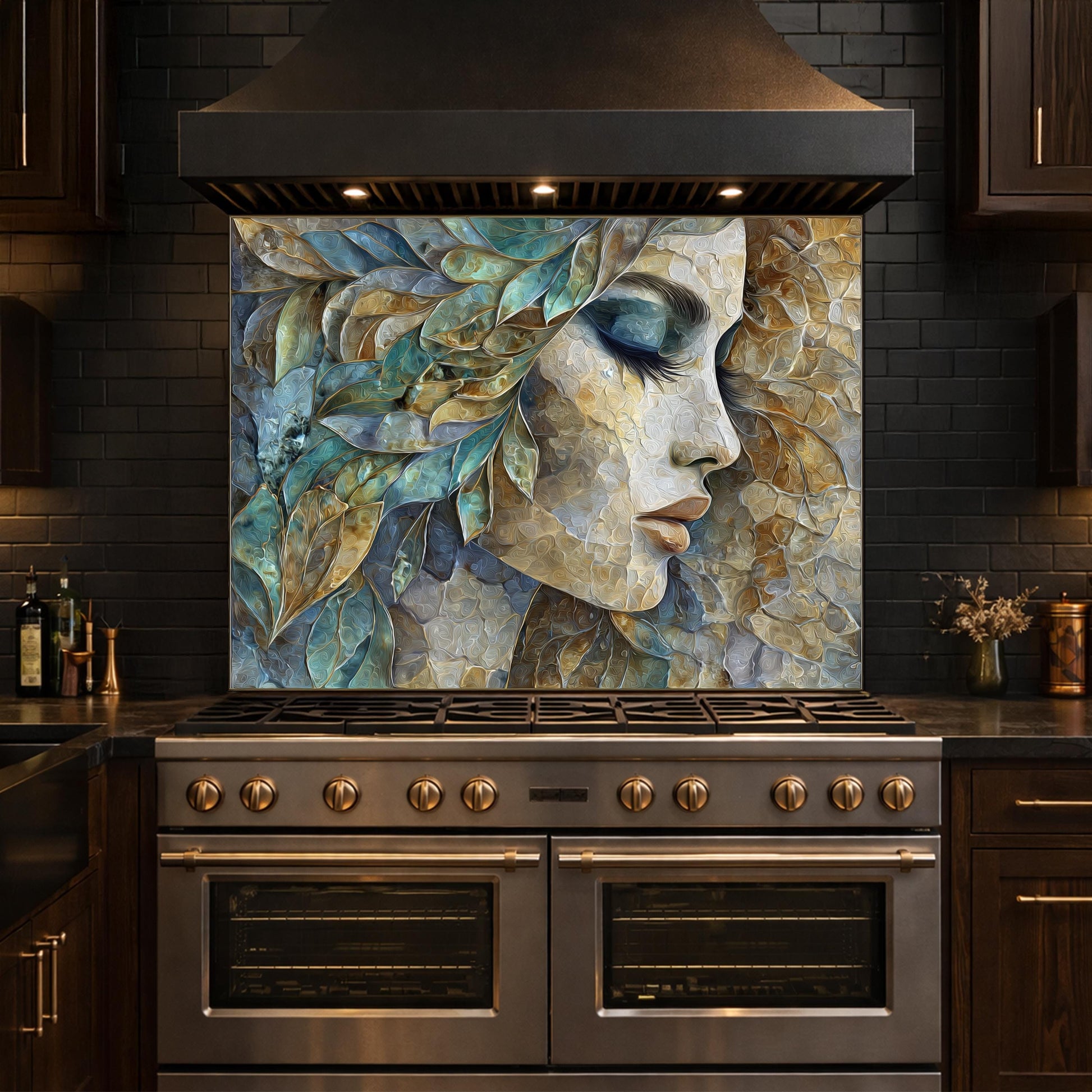 Abstract Woman Face Glass Backsplash Teal Gold Artistic Kitchen Wall Decor