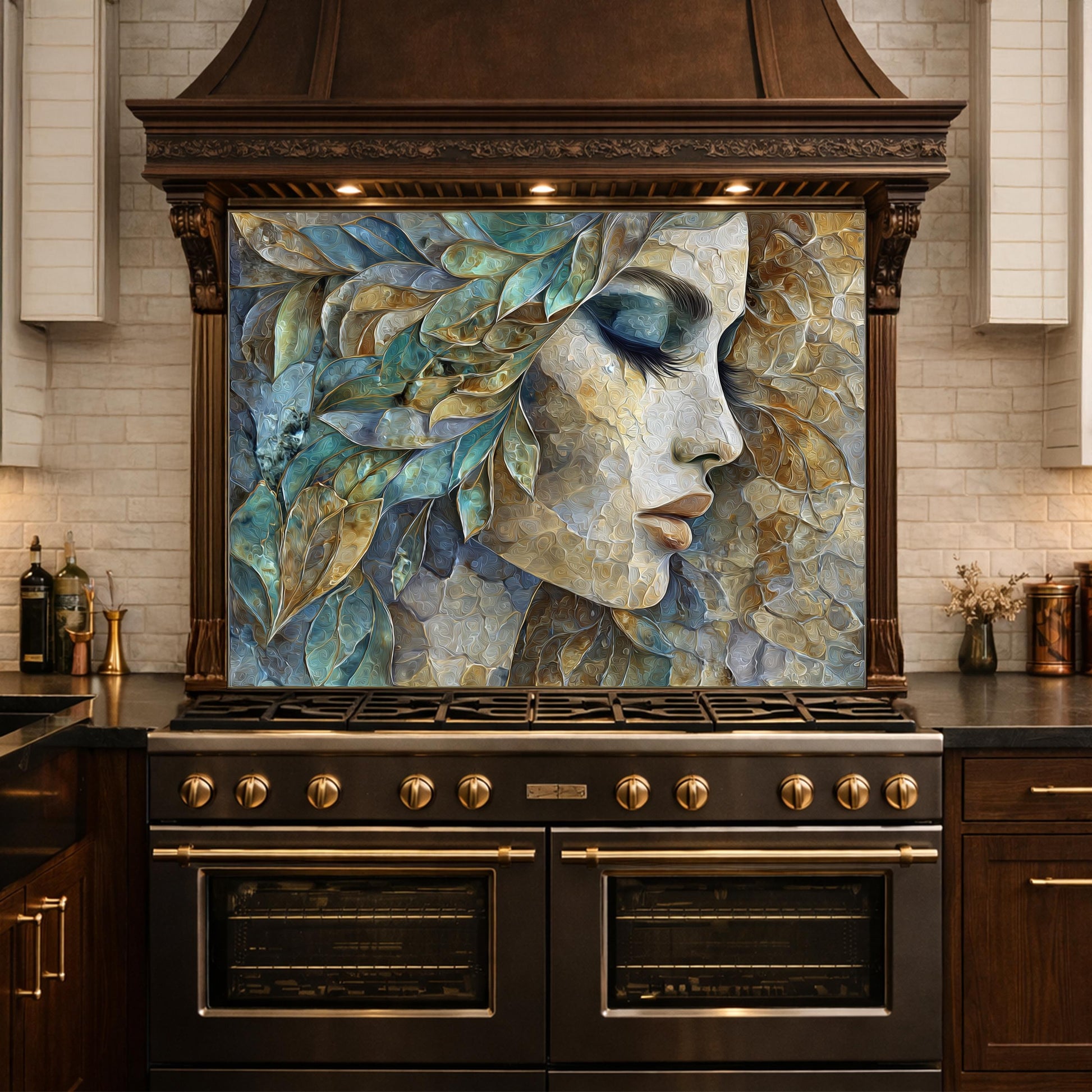 Abstract Woman Face Glass Backsplash Teal Gold Artistic Kitchen Wall Decor